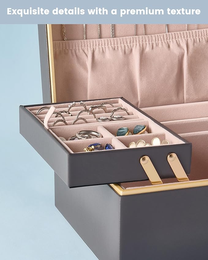 Lolalet Jewelry Box Organizer for Women Girls, 2 Layer Jewelry Organizers and Storage for Necklace Earrings Rings Bracelets, Large Jewellery Holder Case Birthday Gifts -Charcoal gray