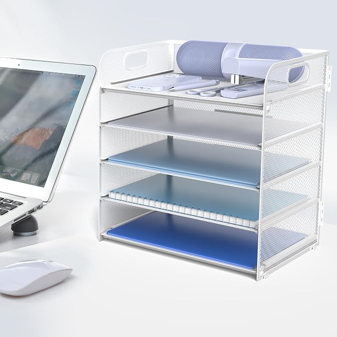 Letter Tray Paper Organizer 5-Tier Desk Organizer File Organizer Paper Holder with Handle, Metal Desktop Document Shelf Tray Office Classroom Organization - White