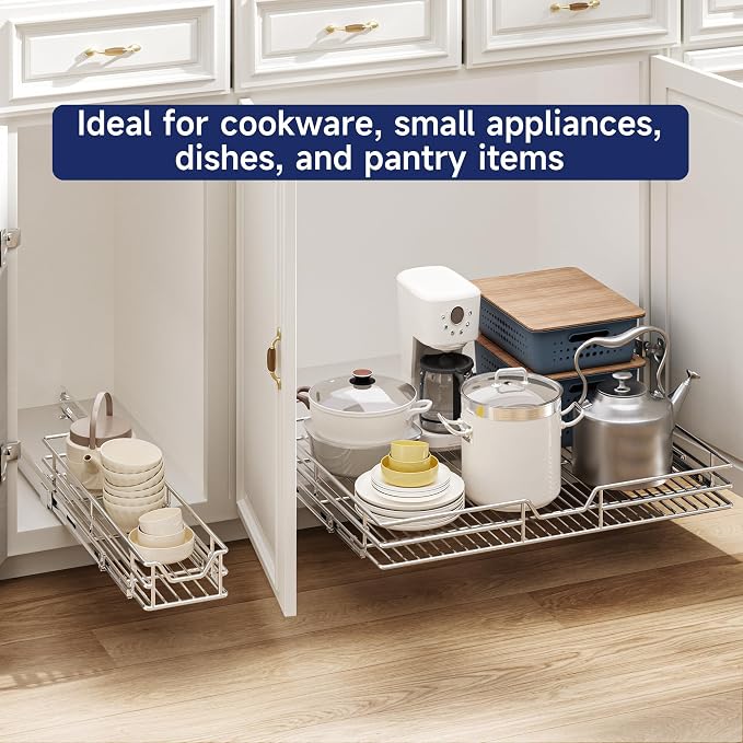 Pull Out Cabinet Organizer, 19.5" W x 21.5" D, Heavy Duty Chrome Slide Out Shelf for Base Cabinets, Sliding Wire Basket Drawer for Pantry Items, Bowls, Containers & Cleaning Supplies