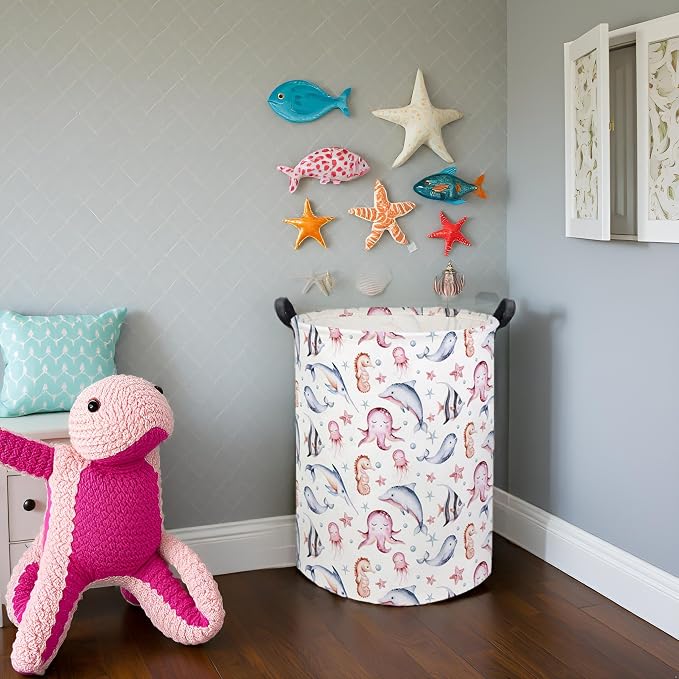 Baby Laundry Basket Baby Hamper for Nursery Girl Kids Ocean Hamper Cute Kids Toys Storage Bin Organizer Pink Room Decor for Home(Pink Ocean)