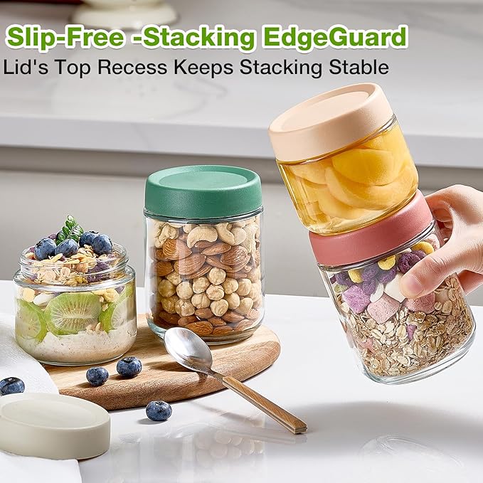 Qipecedm® 8 Pack Overnight Oats Containers with Lids, Large & Small Glass Mason Jars 16oz & 10 oz, Breakfast Oatmeal Container to Go, Salad Meal Prep Jars for Food Storage, Mush Chia Seed Pudding Jars