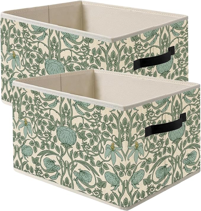 William Morris Inspired Vintage Pastel Green Floral Botanical Storage Bin Box with Handles,Green Vine Flowers Foldable Organizer Basket for Girls Room Bedroom Bathroom Clothes Books, Set of 2