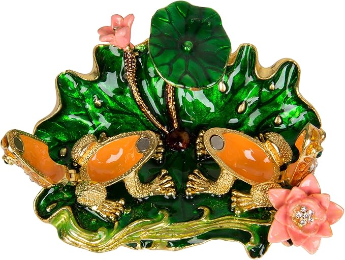 QIFU Hand Painted Enameled Frog with Lotus Decorative Hinged Jewelry Trinket Box Unique Gift for Home Decor