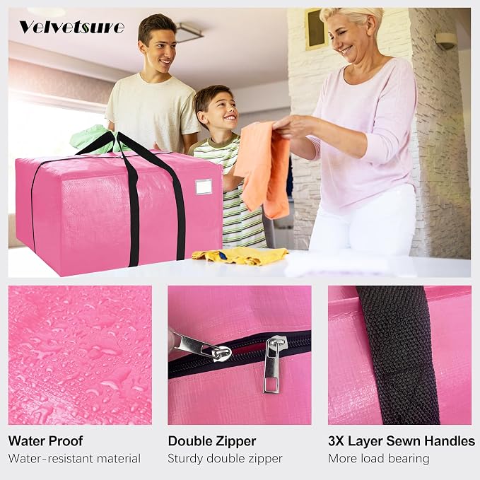 6 Pack Heavy Duty Extra Large Moving Bags W/Backpack Straps - Strong Handles & Zippers, Storage Totes For Space Saving, Fold Flat, Alternative to Box and Bin (40 gal, Pink)