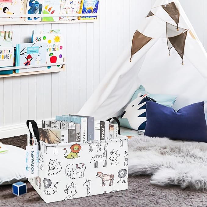 Rectangular Collapsible Simplified Zoo Storage Basket Nursery Organizer | Storage Bin Foldable Canvas with Handles for Organizing Home Kitchen Children Toys Office Closet Shelf Baskets