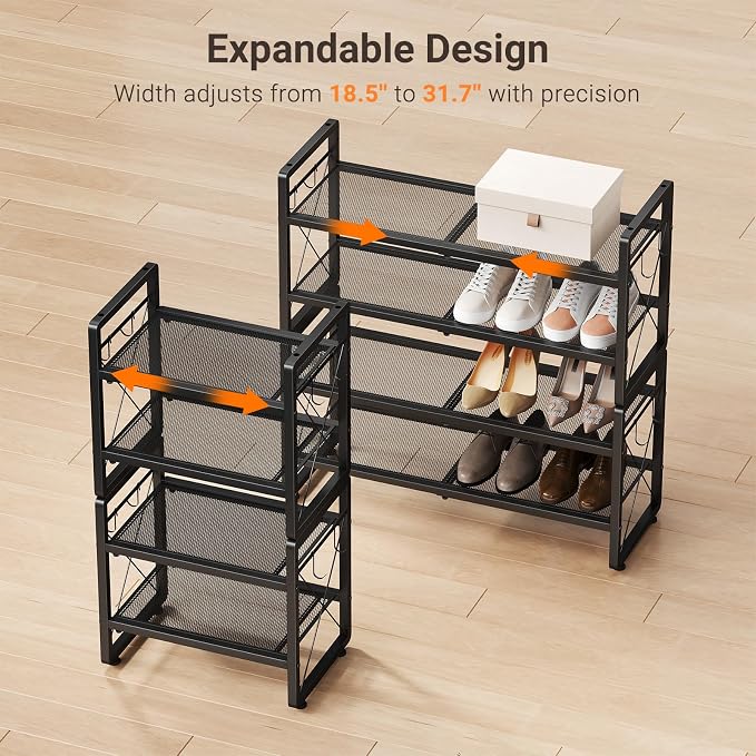 ELYKEN Shoe Rack, 4-Tier Expandable Shoe Organizer for Closet, Metal Black Shoe Shelf with 8 Hooks, Adjustable Shoe Stand Holder for Entryway, Garage, Door Entrance