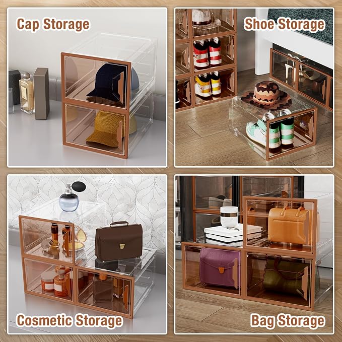 6 Pack Shoe Storage Box Organizer, Clear Thicken Stackable Plastic Shoe Boxes with Magnetic Door, Sturdy Shoe Containers for Sneakers Boots, Easy to Assemble, Fit up to US Size 12(13.2''x10.6''x7.5'')
