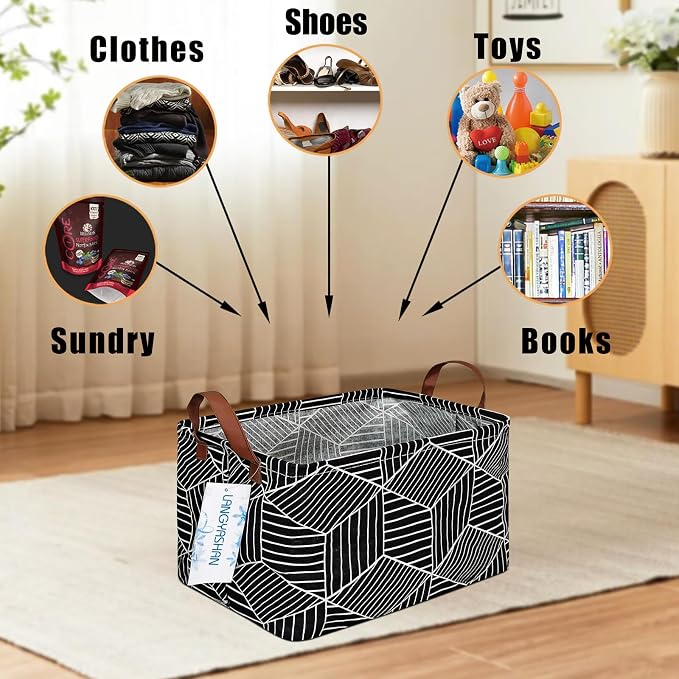 Rectangular Collapsible Storage Basket Nursery Organizer Black diamond | Storage Bin Foldable Canvas with Handles for Organizing Home Kitchen Children Toys Office Closet Shelf Baskets