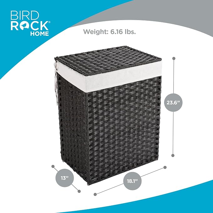 BIRDROCK HOME Single Laundry Hamper with Lid - Brown - Liner Bag - Hand Woven - Small Collapsible Hampers - Foldable Bin - Synthetic PE Rattan - Hand Woven - Clothes Basket