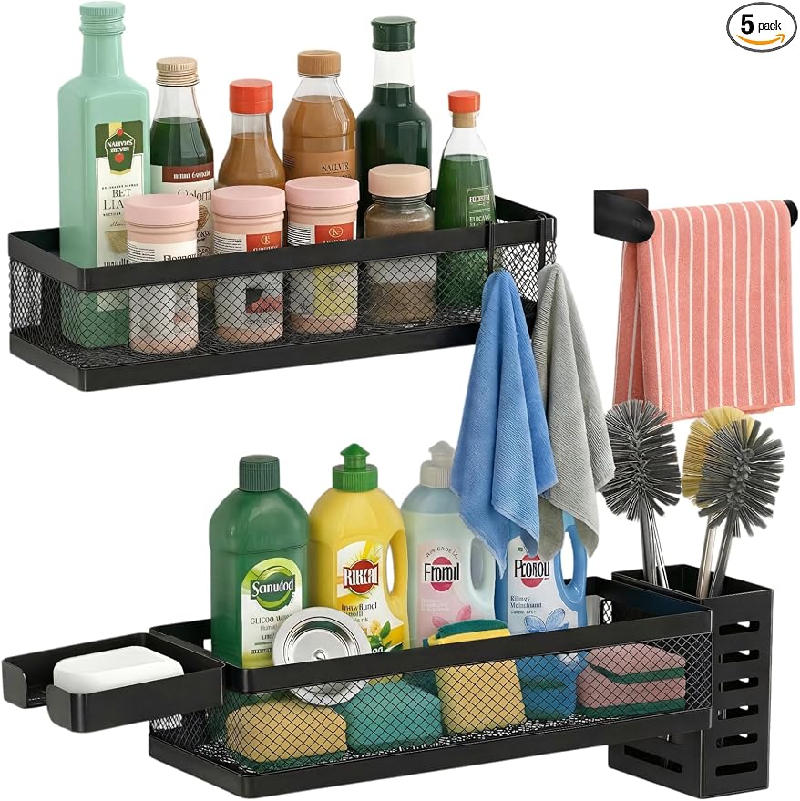 PUSDON 5-in-1 Wide Wall Mount Wrapped Mesh Kitchen Organizer & Shower Caddy Kit, with Paper Towel Holder, Utensil Holder, Soap Dish, Heavy Duty 50LBS - Matte Black, Netting