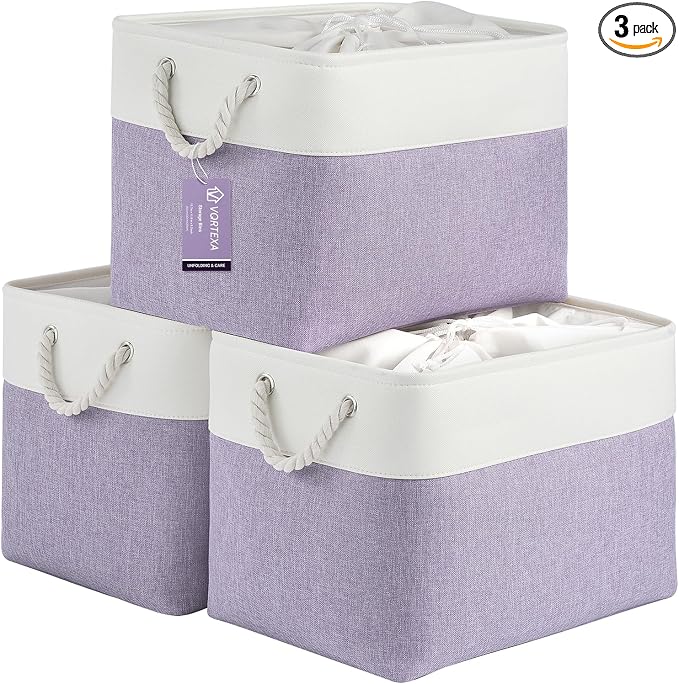 16x12x12 In Foldable Fabric Large Storage Bins with Handle 3 Pack | Storage Basket with Draw String Top, Sturdy Metal Strand, Cardboard Support Molding, for Shelf, Closet, Bedroom, White/Purple