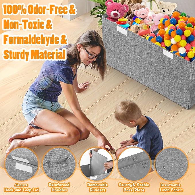 Rocamdo Large Toy Storage Box with Lid Divider, Sturdy Collapsible Toys Organizer Chest Kids Storage Bins Boxes Baskets for Boys, Girls, Nursery, Bedroom, Living Room, Playroom, 25"x13"x16", Gray