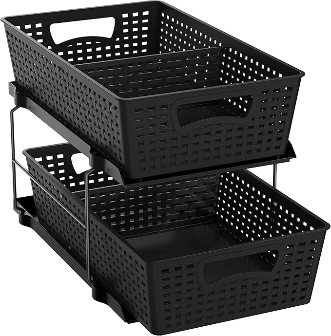 Simple Houseware 2 Tier Pull-Out Sliding Drawer Under Sink Storage, Black | Great for Kitchen Bathroom Tray Shelf Organizer