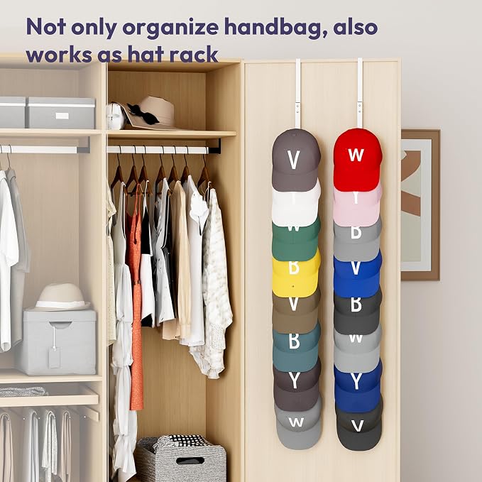SWTYMIKI Over the Door Purse Organizer - 2 Packs Wall Mounted Purse Rack with 8 Hooks Design, Hanging Handbag Organizer Storage Holds up to 16 Bags, Bag Rack for Closet, Door (White)