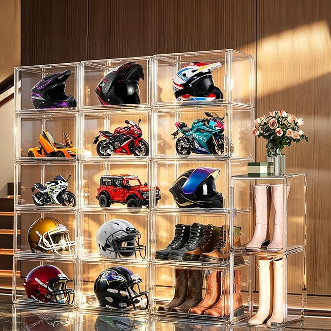 5 Pack XXX-Large Extra Large Acrylic Display Case 17.3'' x 13'' x 13'', Transparent Sneaker Boxes Clear Plastic Stackable Boot & Shoe Boxes Large Showcase for Helmet, Handbag, Figures Collectibles