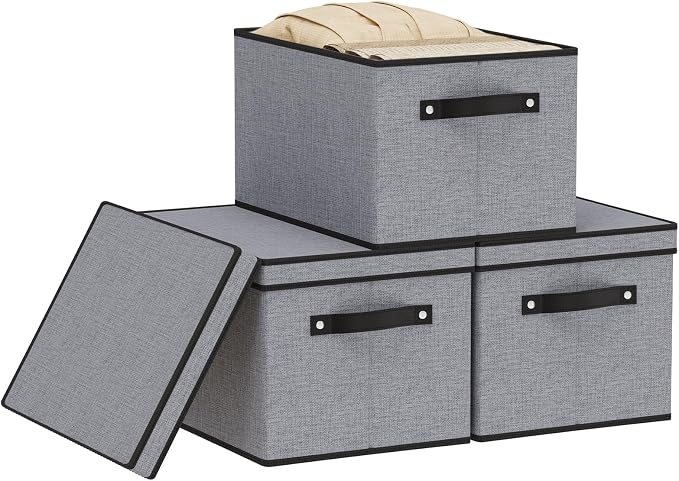 Storage Bins with Lid,Gray Baskets,16.5x11.8x10.2 In,3-Pack | Clothing Storage Boxes for Shoes Towels Books,Closet Organizers with Handles and PP Plastic Board,Fabric Cubes for Organizing