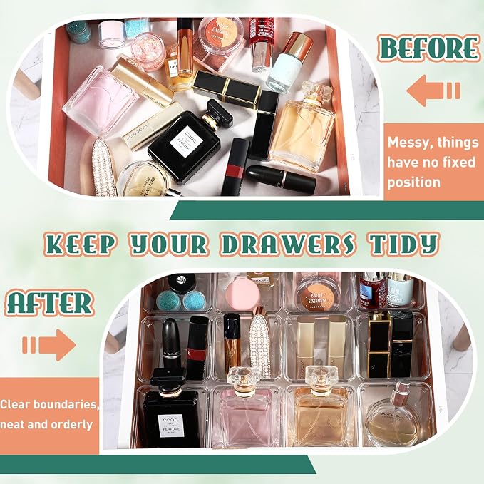 Tioncy 16 Pcs Stackable Clear Drawer Organizer Set 3" x 3" x 2" Small Makeup Vanity Storage Bins Office Desk Drawer Dividers Container Organization for Makeup Vanity Office Bathroom Kitchen Utensil