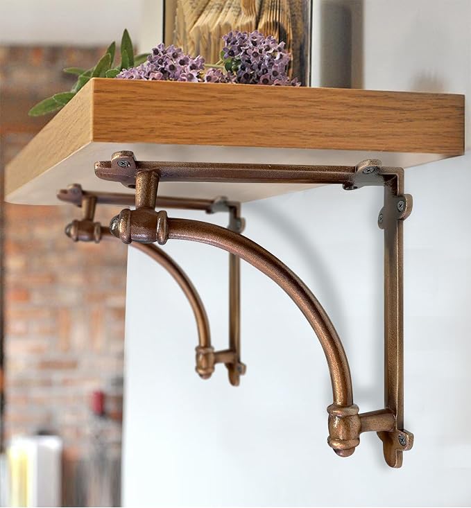 NACH Decorative Shelf Brackets, 2 Pack of 9.6 x 1.7 x 9.6 inch Copper Cast Iron Shelf Brackets - Decorative Brackets for Mounting - Industrial Style Brackets