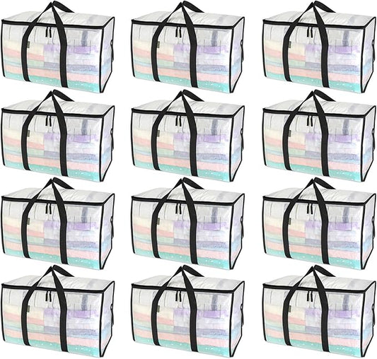 BALEINE 12-Pack Oversized Moving Bags with Reinforced Handles, Heavy-Duty Storage Tote for Clothes, Moving Supplies (Clear, 12-Pack)