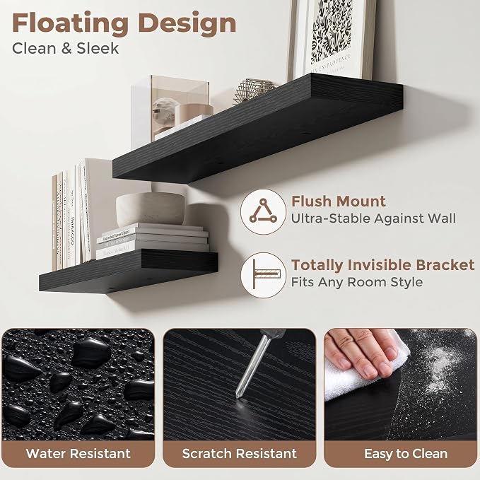 FLYJOE 20 Inch Floating Shelves for Wall Set of 2, 6.5" D Wood Grain Bathroom Shelves with Invisible Brackets, Easy Install Engineered Wood Storage Shelves for Kitchen, Living Room, Bedroom