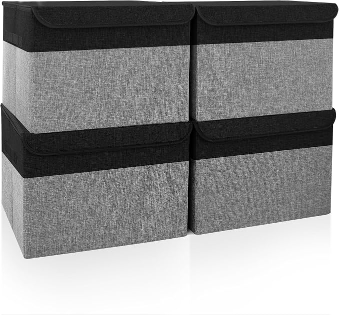 Bagnizer Large 22 Quart Linen Fabric Foldable Storage Bin Cube Organizer Basket with Flip-Top Lid & Handles, Clothes Blanket Box for Home, Office, Closet, Black & Gray, 4 Pack 14.6 x 9.5 x 9.5
