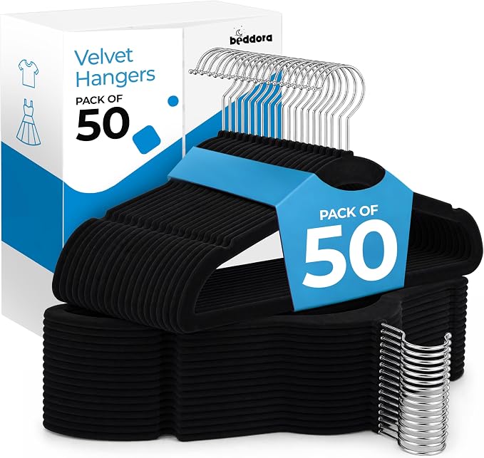 Beddora Velvet Hangers 50-Pack,Black Non-Slip Slim Space-Saving Closet Organizer, Suit & Coat Hangers, Heavy-Duty, 360° Swivel Hook