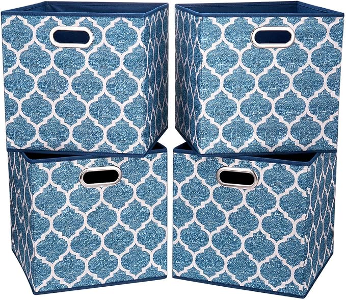Cloth Storage Bins Set of 4 Thick Fabric Drawers Foldable Cubes Basket Organizer Container with Dual Metal Handles for Shelf Cabinet Bookcase Boxes Navy-Blue 13x13x13 inch