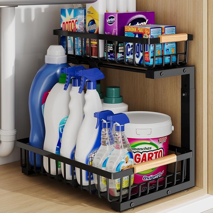 Under Sink Organizer Storage for Families: Pull Out Storage Undersink Organizers Drawer Cabinet - Sliding 2 Tier Rack Metal Organization Under Counter Kitchen Bathroom for Homemakers(Black,1 Pack)