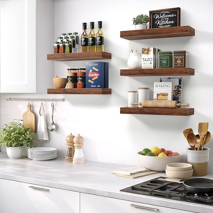 Sorbus Floating Shelves for Wall – 16 Inch Floating Shelf for Kitchen, Bedroom, Living Room, Bathroom, Home & Wall Decor - Mounted Bathroom Shelves with Invisible Brackets (Walnut, 5 Pack)