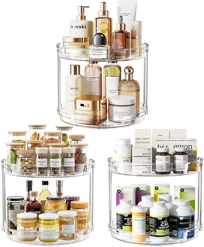 LAMU 3 Pack 10.6'' 2-Tier Lazy Susan Turntable Organizer Rotating Spice Rack Organization for Cabinet, Kitchen, Pantry, Countertop, Bathroom, Vanity, Makeup Organizer, Clear