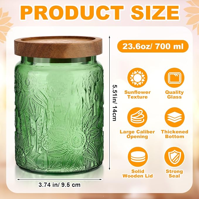 LemonRoad 2 Pcs Vintage Glass Storage Jars 23.67 oz Candy Jar Canister with Solid Wood Lids Food Storage Container for Kitchen, Ground Coffee, Tea, Sugar, Decorative Mason Cookie Jars (Green)