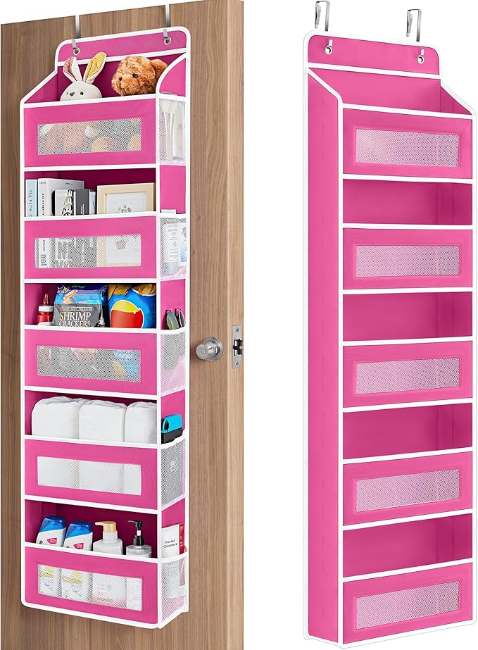 JARLINK Over The Door Organizer Storage, 5 Shelf Hanging Door Organizer with 5 Large Capacity Pockets, Anti Tilt 44 lb Load Behind Door Storage for Bedroom, Bathroom, Pantry, Nursery, (Pink)