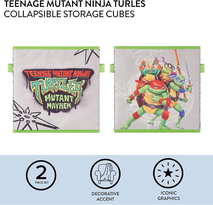 Teenage Mutant Ninja Turtles: Mutant Mayhem Storage Cubes – Set of 2 Collapsible Fabric Bins, 10x10 Inch - Kids Toy Organizer Baskets for Bedroom, Playroom, Closet – TMNT Room Decor