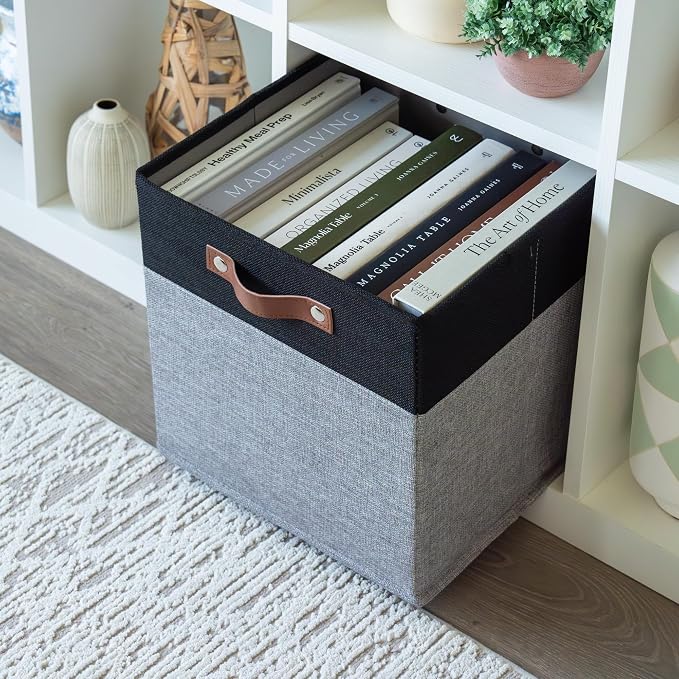 OrganiHaus 12x12 Cube Storage Bins, Set of 4 - Fabric Storage Cubes | Sturdy, holds its shape; odor-free; fits 12-inch cube shelves; vegan leather handles
