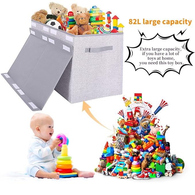 Pantryily Large Toy Box Chest Storage Organizer with Lid,Collapsible Kids Toys Boxes Basket Bins with Sturdy Handles for Boys and Girls, Nursery, Playroom, Closet 25"x13" x16" (Light Grey)
