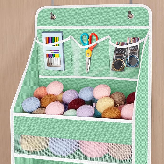 Univivi 6-Shelf Over Door Hanging Organizer Fabric Baby Door Storage with 5 Large Pockets and 3 Small PVC Pockets Wall Mount Hanging Storage Organizers for Baby Essential (Green)