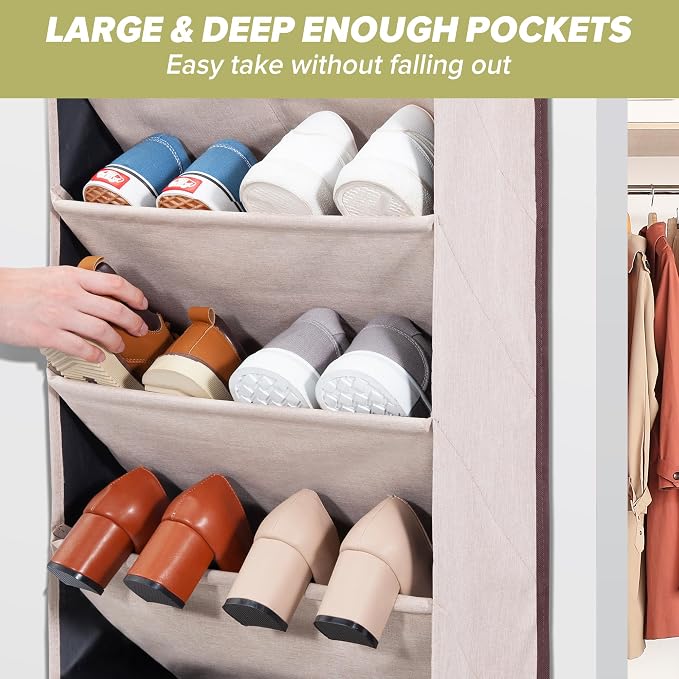 6 Pack Shoe Organizer with 6 Extra Large Pockets and 4 Large Pocket, Over the Door Sturdy Closet Storage Rack, Hanging Shoe Organizer for Shoes, Sneakers, Beige