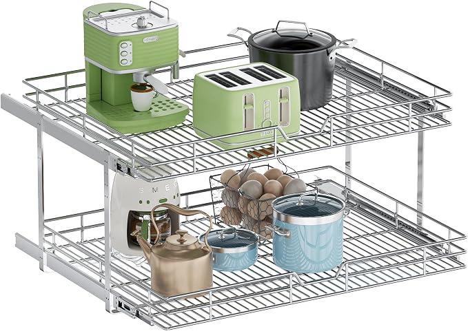 2-Tier Pull Out Cabinet Organizer, 28.5" W x 21.5" D, Heavy Duty Dual Slide Out Shelves for Wide Base Cabinets, Chrome Wire Basket Drawer for Pots, Pans, Pantry & Cleaning Supplies