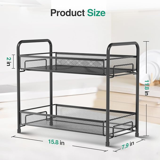 Spice Rack Organizer for Countertop 2 Pack, 2-Tier Counter Foldable Metal Standing Large Seasoning Storage Shelf for Kitchen Cabinet Bathroom Living Room Pantry Office, Black