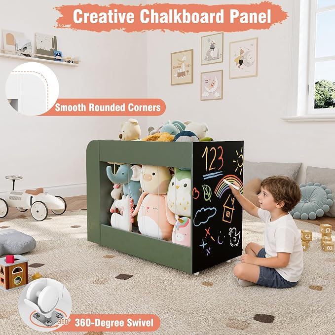 Wooden Kids Bookshelf and Toy Storage Organizer with Side Drawing Chalkboard, 3-in-1 Mobile Stuffed Animal Storage Zoo, Rolling Toy Box Container on 4 Wheels for Kids Room Playroom Nursery, Green