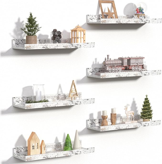 upsimples Floating Shelves for Wall, Wall Shelves for Decor Storage Set of 6, Wall Mounted Wood Shelf for Bedroom, Living Room, Bathroom, Kitchen, Picture Ledge Shelf, Rustic White