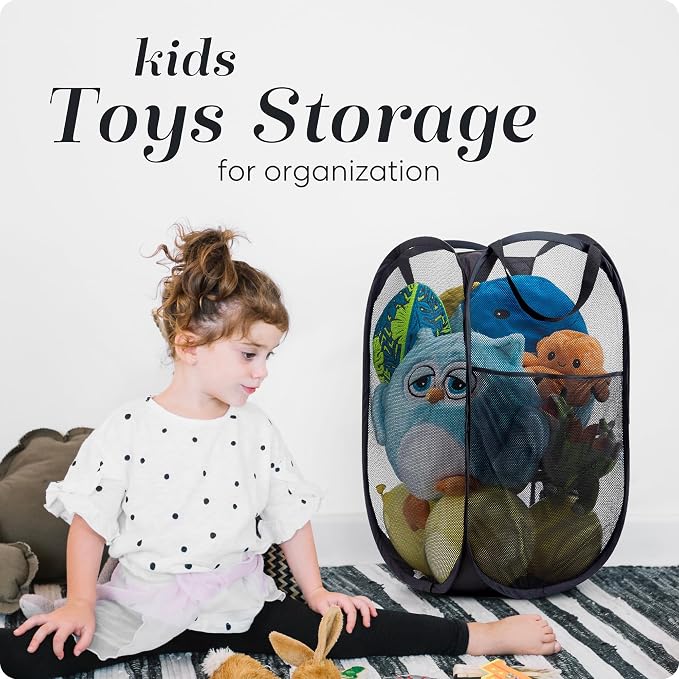 Handy Laundry Collapsible Mesh Pop Up Hamper with Wide Opening and Side Pocket - Breathable, Sturdy, Foldable, and Space-Saving Design for Clothes and Storage (Black)