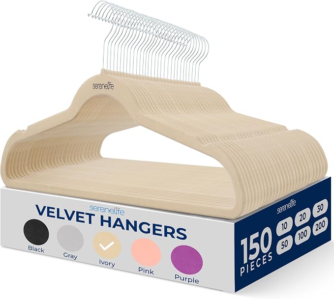 SereneLife Velvet Hangers – 150 Pack, Slim & Space Saving for Closets | Soft velvet grip prevents slipping on silk, satin & knitwear – 360° swivel hook fits all standard closet rods
