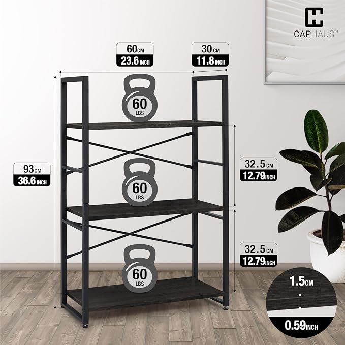 CAPHAUS 3 Tier Small Bookshelf, 24 Inch Width Free Standing Shelf, Bookcase Shelf Storage Organizer, Industrial Book Shelves for Home Office, Living Room, Black Shelves & Metal Frame
