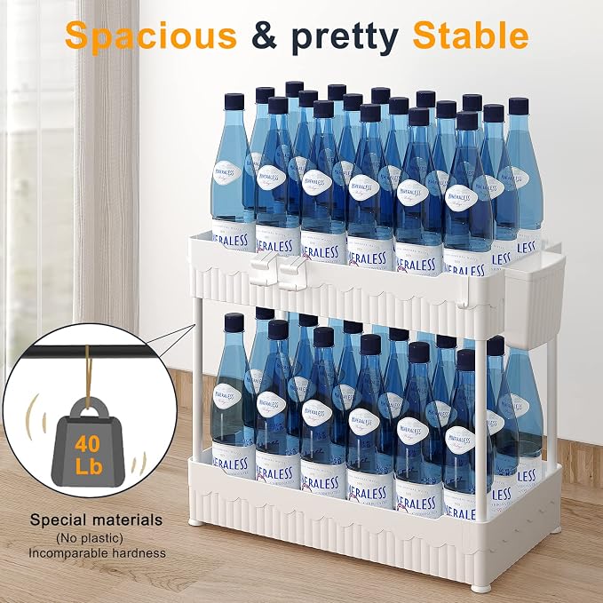 Sevenblue 2 Pack Under Sink Organizer, Under Bathroom Cabinet Organizer with Hooks Hanging Cup, Multi-Purpose Storage Shelf for Kitchen Bathroom (White, 14.8 Inch)