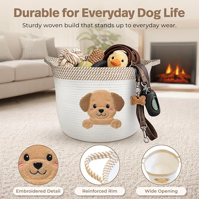 Golden Retriever/Labrador Dog Toy Basket, 15x11 Inch Woven Cotton Rope Storage Bin with Puppy Patch, Large Pet Organizer for Toys, Blankets, Leashes, Living Room Decor (Beige/White)