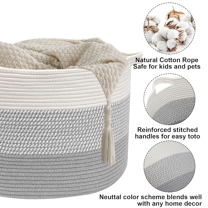115L Extra Large Blanket Basket,Woven Rope Laundry Basket Hamper with Handles, Decorative Nursery Basket Storage Bin for Toys, Clothes Organizer, Living Room, Bedroom, Bathroom, Grey