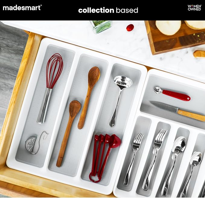 madesmart Expandable Utensil Tray-White | Classic Collection | 5-Compartments | Kitchen Organizer | Soft-Grip Lining and Non-Slip Rubber Feet | Easy to Clean | BPA-Free