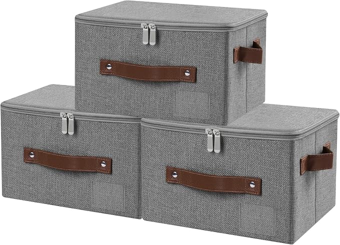 ANMINY 3PCS Storage Bins with Zipper Lid Storage Boxes with Label Holder PU Leather Handles Washable Foldable Decorative Lidded Cotton Linen Fabric Cubes Baskets Closet Organizer - Gray, Small