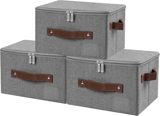ANMINY 3PCS Storage Bins with Zipper Lid Storage Boxes with Label Holder PU Leather Handles Washable Foldable Decorative Lidded Cotton Linen Fabric Cubes Baskets Closet Organizer - Gray, Small